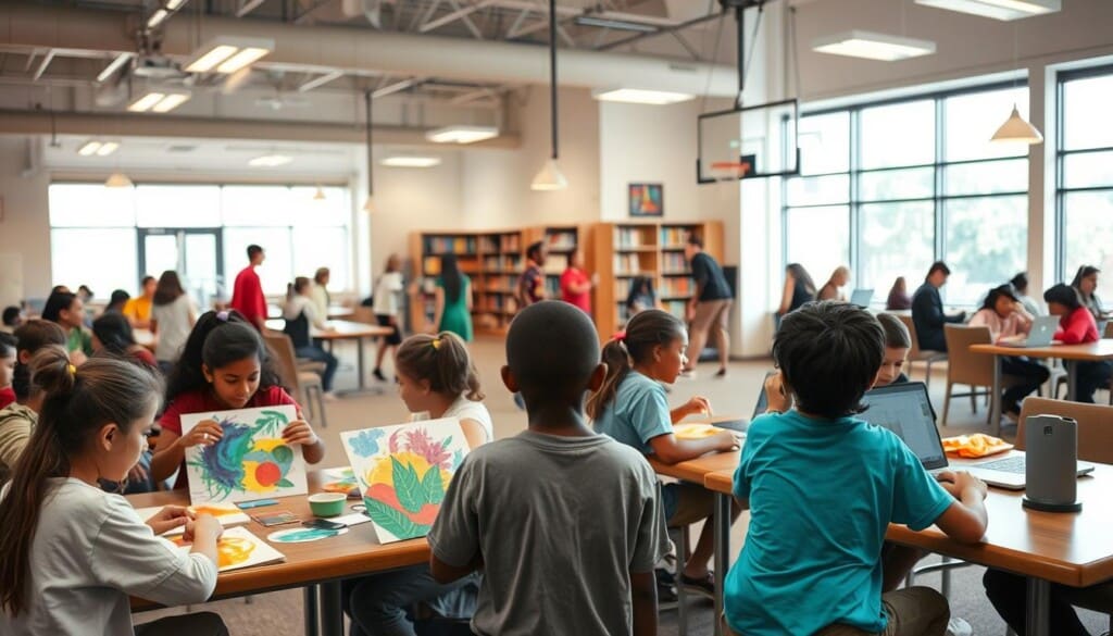 A bustling community center with children and teenagers engaged in various enriching programs. In the foreground, a group of young people participate in an art workshop, their hands skillfully crafting vibrant paintings. In the middle ground, a basketball game is underway, players dribbling and passing with energy and enthusiasm. In the background, a library space with students immersed in books and laptops, the soft glow of lamps and natural light filtering through large windows. The scene conveys a sense of opportunity, growth, and the transformative power of youth programs within a diverse, inclusive community.
