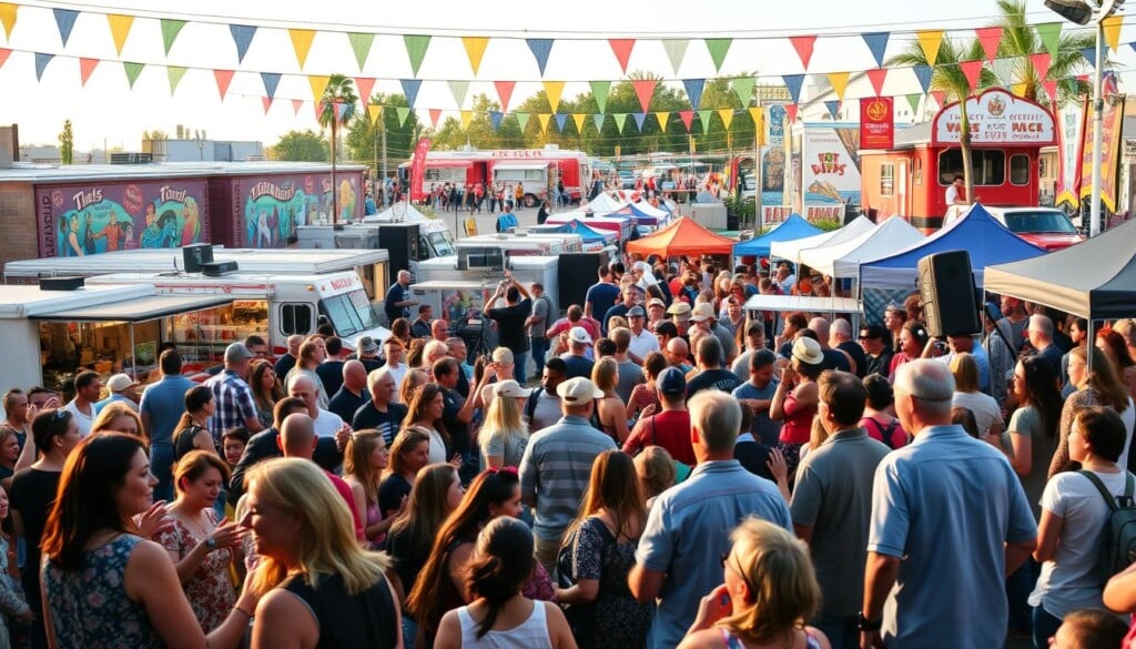 A bustling community event filled with the energy of local tribute bands. In the foreground, a lively stage with musicians passionately channeling the iconic sounds of legendary artists. Diverse crowds sway and sing along, immersed in the nostalgia-fueled performance. In the middle ground, food trucks and vendor booths create a vibrant, festival-like atmosphere. The background features a backdrop of colorful murals, flags, and festive decorations, setting the scene for a celebration of local music and culture. Warm, golden lighting casts a inviting glow, capturing the spirit of community and shared musical appreciation.