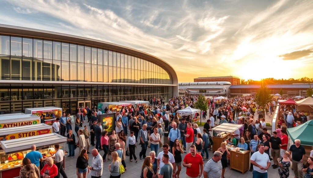 A bustling community event held in the spacious plaza of a modern train station. In the foreground, a diverse crowd of people mingling and enjoying various activities - food stalls, live music, art displays, and kids' play areas. The mid-ground features the grand, architectural facade of the train station, its glass walls reflecting the lively scene. In the background, the sky is filled with wispy clouds, bathed in warm, golden-hour lighting that casts a welcoming glow over the entire setting. The mood is one of vibrant community spirit, where people from all walks of life come together to celebrate and connect.