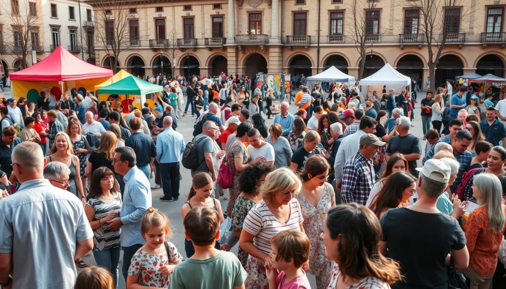 A bustling community event in a vibrant public square, with people of diverse backgrounds engaged in lively conversations, artistic performances, and collaborative activities. The foreground features an eclectic mix of individuals, from young children playing games to seniors sharing stories, all radiating a sense of warmth and belonging. The middle ground showcases colorful tents, food stalls, and interactive art installations that draw the attention of the crowd. In the background, a historic building or landmark serves as a backdrop, adding a touch of architectural charm to the scene. The lighting is soft and natural, casting a golden glow that enhances the overall atmosphere of unity and togetherness. The camera angle is slightly elevated, allowing the viewer to take in the full scope of the community engagement event.