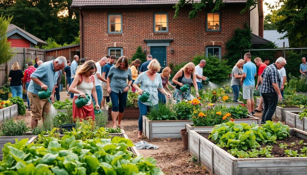 A bustling community garden, with local gardeners tending to their vibrant plots. In the foreground, a group of diverse individuals - men and women of all ages - carefully watering their lush vegetables and fragrant flowers. Mid-ground, raised garden beds line the perimeter, their wooden frames weathered by time. In the background, a quaint brick building stands, its windows casting a warm glow, hinting at a cozy community hub. The scene is bathed in soft, natural light, with a touch of golden hour radiance. The atmosphere exudes a sense of tranquility, productivity, and neighborly collaboration, capturing the essence of "How LocalZ Connects You with Expert Gardeners."