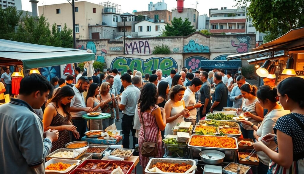 A bustling community gathering in a vibrant urban setting, showcasing the diverse culinary delights of LocalZ. In the foreground, a vibrant open-air market with artisanal food stalls, their colorful displays and mouthwatering aromas enticing passersby. In the middle ground, a lively group of people sampling dishes, engaging in lively conversation, and exchanging recipes. In the background, a mural-adorned wall and a blend of modern and historic architecture, creating a sense of local character and pride. The scene is bathed in warm, golden lighting, evoking a cozy, inviting atmosphere that celebrates the community's shared love of food and cultural exchange.