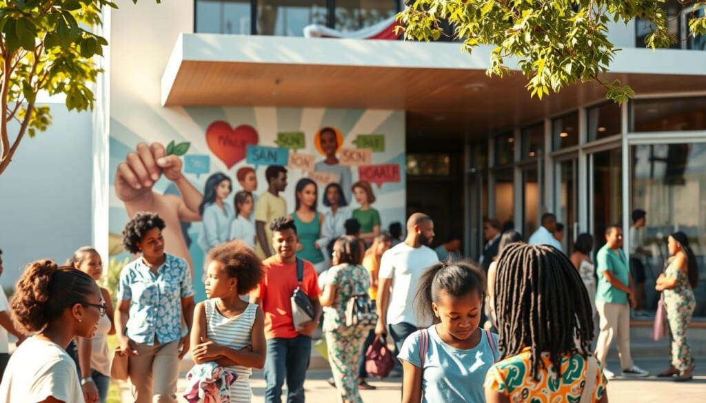 A bustling community healthcare center, its exterior bathed in warm, afternoon sunlight. In the foreground, a diverse group of people engage in various wellness activities - a mother and child participate in a skin health clinic, while others attend educational workshops on dermatological care. The middle ground features a vibrant mural depicting themes of skin health and community support. The background showcases the center's modern architecture, with large windows allowing natural light to flood the interior spaces. An atmosphere of inclusivity, empowerment, and a shared commitment to holistic wellbeing permeates the scene.
