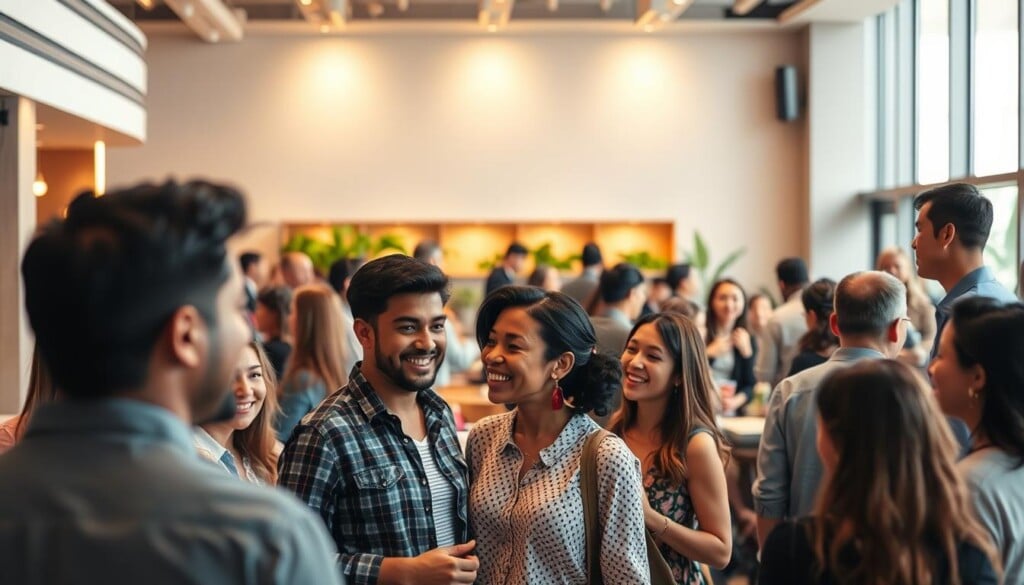 A bustling community hub bustling with activity, where local businesses and residents connect and collaborate. In the foreground, a group of people engaged in lively discussions, their faces animated with enthusiasm. In the middle ground, a modern, well-designed space with comfortable seating and ample natural light, inviting visitors to linger and network. The background features a sleek, minimalist aesthetic, with clean lines and a neutral color palette that creates a sense of professional, yet welcoming atmosphere. Warm, ambient lighting casts a soft glow, highlighting the vibrant energy of the community. The overall scene conveys a sense of connectivity, collaboration, and the vital role that LocalZ plays in bringing people together to support and empower local businesses.