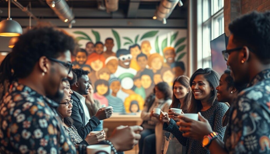 A bustling community hub comes to life, showcasing the power of LocalZ's connective platform. In the foreground, a group of diverse individuals gather, engaged in lively discussions and sharing ideas over steaming mugs of coffee. The middle ground reveals a vibrant mural depicting the diverse faces and cultures that make up the local neighborhood, symbolizing the inclusive spirit of the community. Soft, natural lighting filters in through large windows, casting a warm glow and creating a welcoming atmosphere. In the background, a wall-mounted display showcases LocalZ's innovative services, highlighting how the platform is revolutionizing the way people connect and support one another.