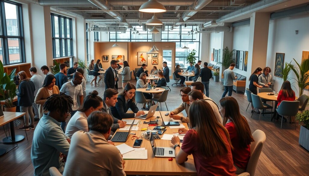 A bustling community hub filled with engaged locals, the LocalZ office engagement scene unfolds. In the foreground, a group of diverse professionals gathered around a central meeting table, collaborating intently with an array of devices and documents. Warm, diffused lighting casts a welcoming glow, while floor-to-ceiling windows allow natural light to flood the space. In the middle ground, smaller breakout groups huddle in cozy conversation nooks, fostering connections and exchanging ideas. The background reveals an open, airy layout adorned with vibrant artwork, greenery, and ergonomic furniture, all designed to cultivate a dynamic, innovation-driven atmosphere. An atmosphere of productivity, creativity, and meaningful exchange permeates this LocalZ community engagement hub.