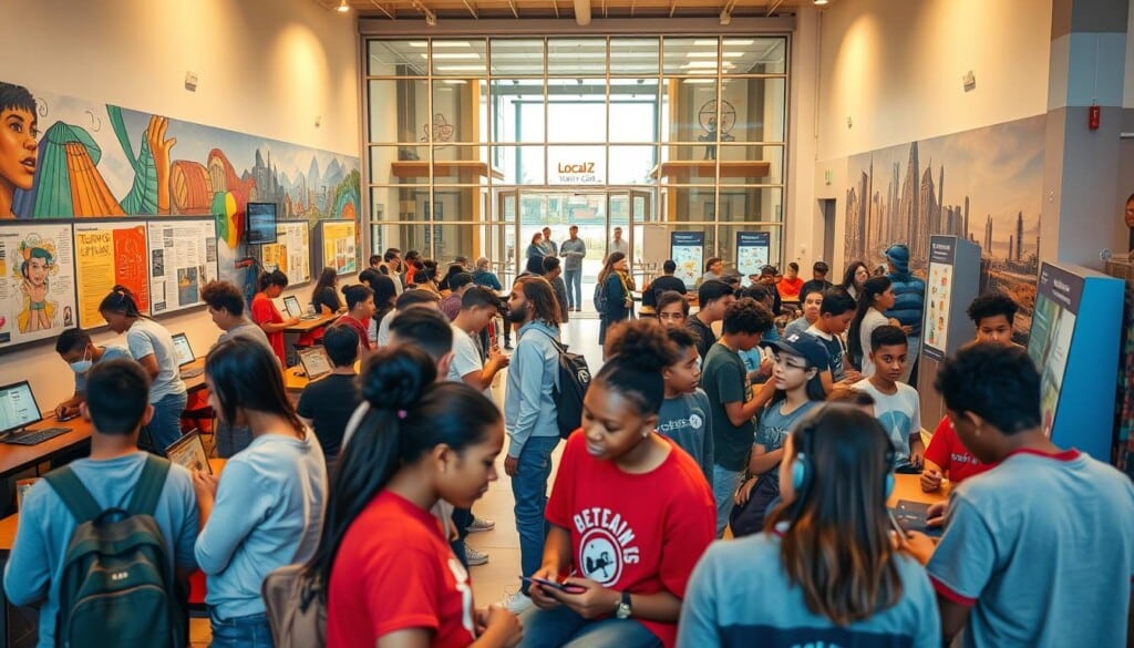 A bustling community hub filled with local resources for empowering youth. Foreground features a diverse group of teenagers engaged in various enrichment activities - coding workshops, art classes, mentorship sessions. Middle ground showcases colorful murals, interactive displays, and informational kiosks. In the background, a modern, glass-fronted building with signage for the "LocalZ Youth Center." Warm, soft lighting creates an inviting atmosphere, while the composition emphasizes collaboration, learning, and a sense of belonging. Angle is slightly elevated to capture the dynamic energy of the space.