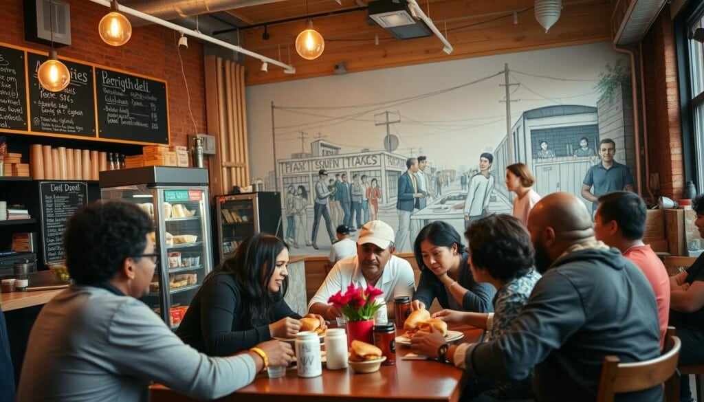 A bustling community hub, the LocalZ deli is the heart of the neighborhood. In the foreground, a group of locals gather around a table, engaged in lively conversation over freshly made sandwiches. Middle ground showcases the deli's vibrant storefront, with a chalkboard menu and a display of locally sourced ingredients. In the background, a mural depicting the area's history and diversity sets the scene, illuminated by warm, natural lighting that filters through large windows. The atmosphere exudes a sense of togetherness, where the community comes together to savor delicious food and foster connections.