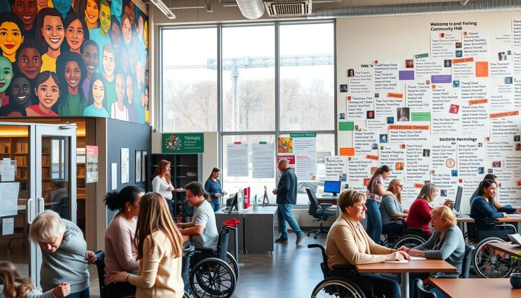 A bustling community hub, with a welcoming entrance adorned with a vibrant mural depicting the diverse faces of those it serves. In the foreground, a group of people of varying abilities engage in lively discussions, their faces lit by the warm glow of natural lighting filtering through large windows. The middle ground showcases a range of accessible services and resources, from wheelchair-friendly workstations to assistive technology demonstrations. In the background, a collage of inspirational stories and success narratives adorns the walls, highlighting the transformative impact of the organization. The overall atmosphere conveys a sense of empowerment, inclusion, and a deep commitment to fostering connections within the local community.