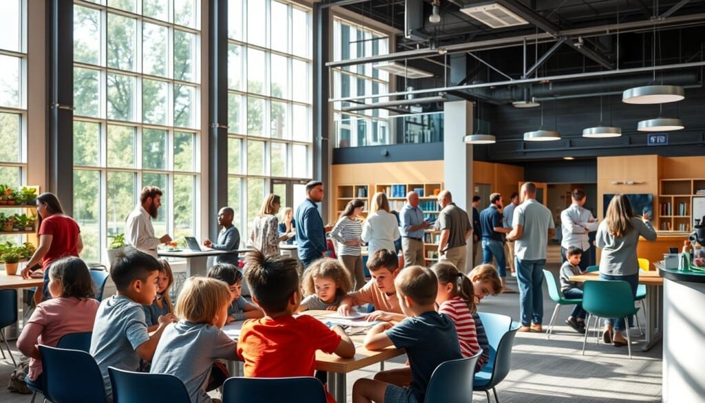 A bustling community hub with people of all ages engaged in educational activities and programs. In the foreground, a group of children seated around a table, their faces lit by soft, warm lighting as they focus intently on their tasks. In the middle ground, adults participate in lively discussions, exchanging ideas and resources. The background reveals a modern, well-equipped learning space with ample natural light filtering through large windows, creating a sense of openness and inspiration. Vibrant colors, sleek furnishings, and state-of-the-art technology convey a dynamic and innovative educational environment that fosters connection, collaboration, and lifelong learning.