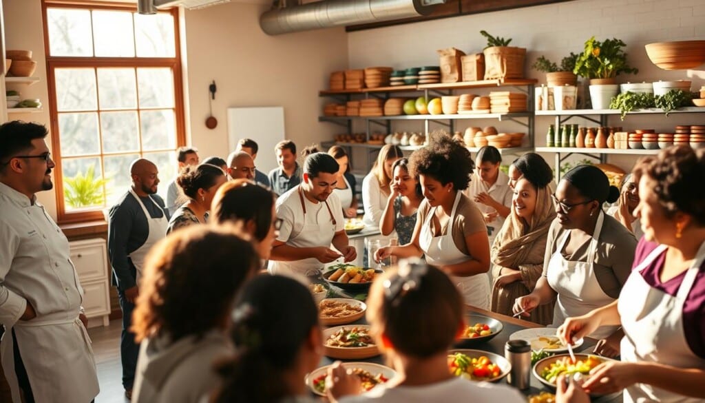 A bustling community kitchen, bathed in warm natural light streaming through large windows. In the foreground, personal chefs in crisp white uniforms and aprons serve an array of locally-sourced dishes to a diverse group of patrons, their expressions filled with gratitude and delight. The middle ground showcases the chefs collaborating with community members, sharing cooking techniques and recipes. In the background, shelves overflow with fresh produce and ingredients, reflecting the kitchen's commitment to supporting local farms and suppliers. The atmosphere is one of camaraderie, inclusivity, and a shared passion for nourishing the community.