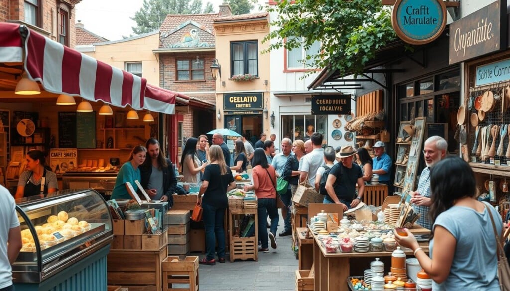 A bustling community market with locally-owned small businesses showcasing their products. In the foreground, artisanal gelato stands and craft coffee shops serve customers, their vibrant displays and welcoming staff creating a warm, inviting atmosphere. In the middle ground, local artisans and producers offer an array of handmade goods, from pottery to textiles, reflecting the diverse talents of the community. The background features quaint storefronts, their facades adorned with colorful murals and signage that celebrates the neighborhood's unique character. Soft, diffused natural lighting casts a glow over the scene, capturing the spirit of a thriving, community-focused business district.