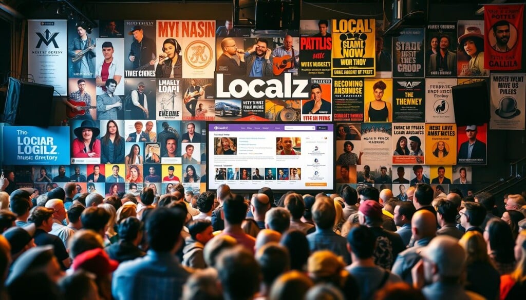 A bustling community music directory, LocalZ, occupies the frame. In the foreground, a vibrant mosaic of musician profiles, each with a distinct style and personality, draws the viewer's attention. The middle ground features an intuitive interface, guiding users through seamless artist discovery and connection. Soft, warm lighting illuminates the scene, creating an inviting and collaborative atmosphere. In the background, a collage of local venues, recording studios, and event posters suggests the thriving musical ecosystem. The overall composition evokes a sense of inclusive community, where emerging artists can find their footing and connect with like-minded individuals.