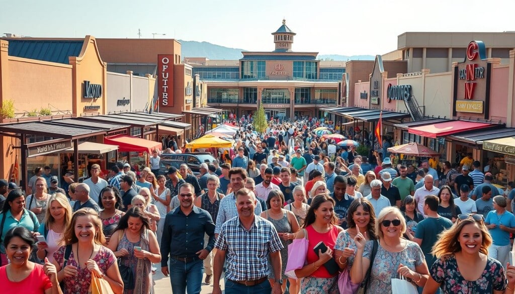 A bustling community of diverse people gathered around a sprawling factory outlet complex, vibrant colors and activity filling the frame. In the foreground, shoppers happily carry bags of discounted goods, faces alight with excitement. The middle ground features local food vendors, artisans, and street performers, creating a lively atmosphere. In the background, the factory outlets stand tall, their modern architecture and signage prominently displayed. Warm, natural lighting bathes the scene, conveying a sense of welcoming and community. A wide-angle lens captures the energy and interconnectedness of this vibrant hub, showcasing how factory outlets can positively impact and integrate with their surrounding neighborhoods.