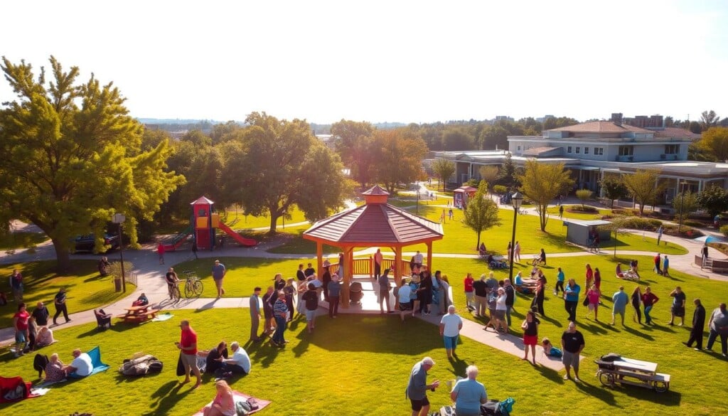 A bustling community park, bathed in warm afternoon sunlight. In the foreground, a diverse group of locals gather around a central gazebo, engaged in lively discussions and collaborative activities. Nearby, families picnic on lush green lawns, children play on brightly colored playgrounds. In the middle ground, towering shade trees line winding paths, where residents stroll, jog, and bike. In the distance, modern buildings and homes frame the scene, suggesting a vibrant, thriving neighborhood. An atmosphere of inclusivity, civic pride, and grassroots involvement pervades the setting, capturing the essence of community-driven initiatives.