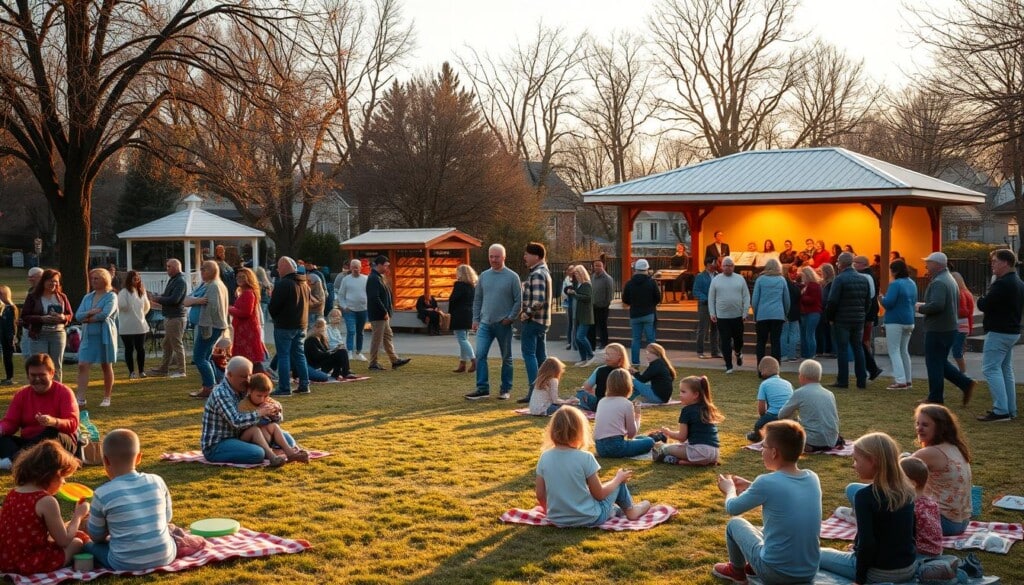 A bustling community park scene at golden hour, with people of all ages gathered for a local event. In the foreground, families picnicking on checkered blankets, children playing frisbee and hopscotch. In the middle ground, a farmer's market stall selling fresh baked goods, the aroma of warm bread and pastries wafting through the air. In the background, a bandstand where a local choir performs, their harmonious voices carrying through the crisp evening. Soft, warm lighting illuminates the scene, casting a cozy, inviting atmosphere. The overall mood is one of togetherness, community, and the joy of shared experiences.