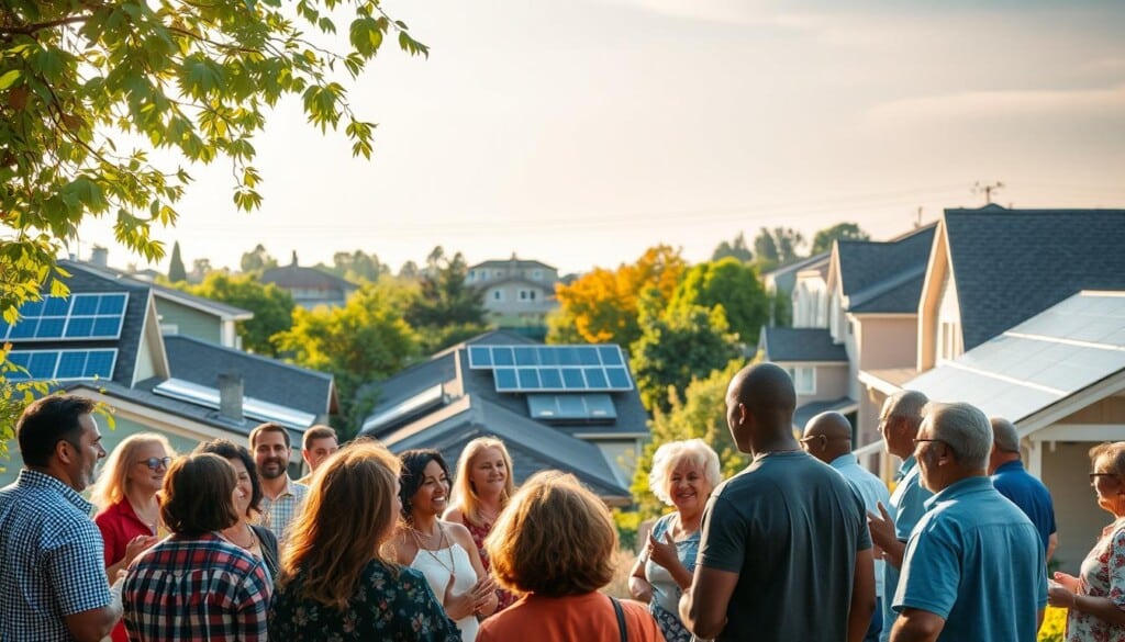 A bustling community solar project, where neighbors gather to discuss and collaborate on renewable energy initiatives. In the foreground, a group of diverse individuals gesturing animatedly, exchanging ideas under the warm glow of the afternoon sun. In the middle ground, solar panels glisten on the rooftops of nearby homes, a testament to the community's collective effort. The background frames a vibrant, tree-lined street, conveying a sense of ecological harmony. Soft, diffused lighting bathes the scene, creating an atmosphere of optimism and empowerment as the community embraces the transition to sustainable energy.