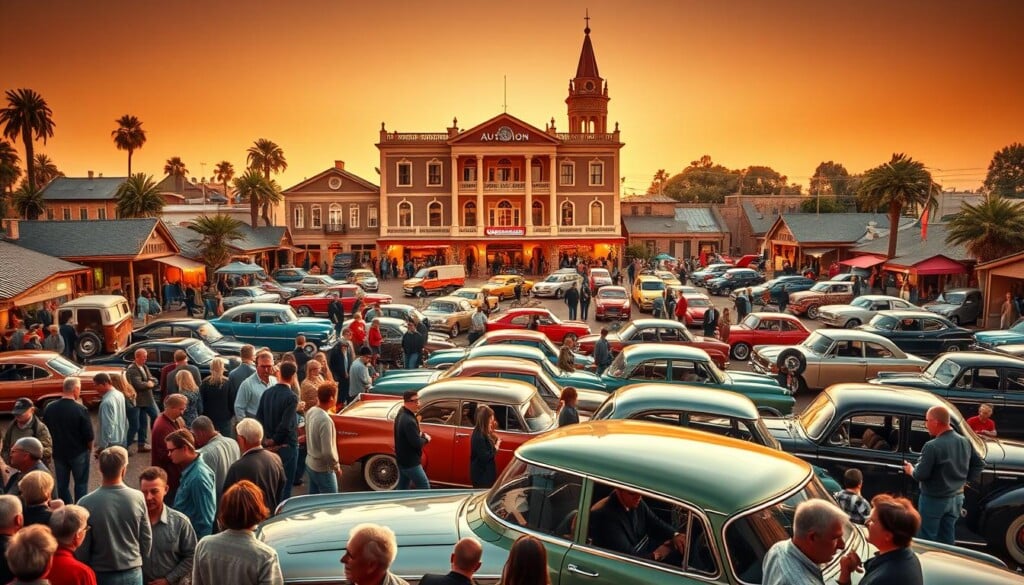 A bustling community square, the center of a thriving car auction scene. In the foreground, a diverse crowd of buyers and sellers engage in animated discussions, examining automobiles with keen eyes. The middle ground showcases a variety of vintage, classic, and modern vehicles on display, their glossy exteriors reflecting the warm sunlight. In the background, a historic auction house stands tall, its imposing architecture and neon signage casting a vibrant glow over the proceedings. The atmosphere is electric, with a sense of excitement and anticipation as the community comes together to celebrate their shared passion for automobiles. Crisp, detailed, photorealistic, 8K resolution.