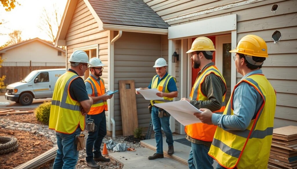 A bustling construction site, with local contractors in hard hats and reflective vests, skillfully repairing the exterior of a weather-worn suburban home. In the foreground, a team of workers carefully patching holes and cracks in the siding, using high-quality materials and specialized tools. In the middle ground, a supervisor coordinates their efforts, pointing to blueprints and offering guidance. In the background, a neatly parked work truck and a tidy pile of building supplies suggest a well-organized operation. Warm, diffused sunlight casts a comforting glow across the scene, emphasizing the professionals' dedication to restoring the property to its former glory.