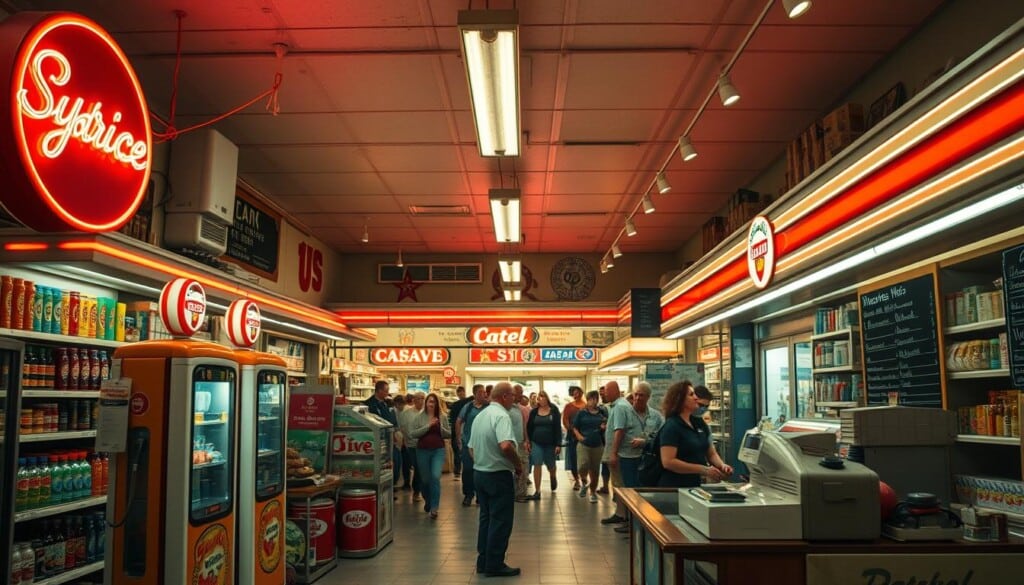 A bustling convenience store from the past, with a retro neon sign and vintage gas pumps out front. Inside, a spectrum of snacks, drinks, and sundries line the shelves, as a cashier stands ready to assist customers. Vibrant lighting casts a warm glow, while a classic cash register and chalkboard menu hint at a bygone era. In the background, a diverse crowd of shoppers navigates the aisles, capturing the store's evolution from a simple roadside stop to a modern community hub. The scene is captured with a wide-angle lens, highlighting the store's transformation over time through a rich, cinematic perspective.