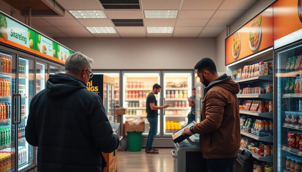 A bustling convenience store interior, illuminated by warm, inviting lighting. In the foreground, a well-stocked display of snacks, drinks, and other essential items. In the middle ground, a customer making a purchase at a modern, touchscreen-enabled checkout counter. In the background, sleek, energy-efficient refrigerators and shelves showcasing the latest trends in packaged goods and grab-and-go meals. The overall atmosphere conveys a sense of efficiency, innovation, and the changing face of the convenience store industry.