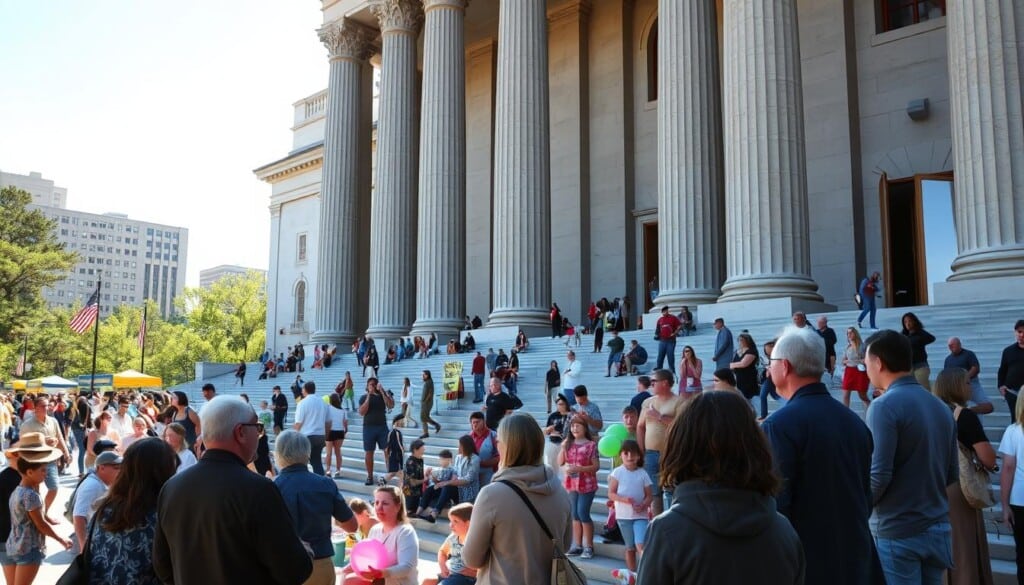A bustling courthouse plaza, sunlight filtering through towering columns, as people of diverse backgrounds gather for a community event. In the foreground, a group of citizens animatedly discuss local issues, gesturing towards the grand facade. In the middle ground, families picnic on the steps, children playing with frisbees and balloons. The background reveals a hive of activity - vendors selling local crafts, performers entertaining the crowd, all against the stately backdrop of the historic courthouse. The atmosphere is one of civic pride and engagement, a vibrant tapestry of community life unfolding within the shadow of the law.