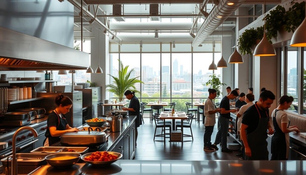 A bustling culinary school nestled in a modern urban setting, with an emphasis on hands-on training and local, sustainable ingredients. The foreground showcases students working diligently in a state-of-the-art kitchen, surrounded by stainless steel appliances and gleaming prep stations. In the middle ground, a bright and airy dining area with large windows overlooking a vibrant city skyline. The background features a mix of contemporary architecture and lush greenery, creating a serene and inspiring atmosphere. Warm lighting casts a cozy glow, while a clean, minimalist aesthetic reflects the school's focus on culinary excellence and environmental responsibility.