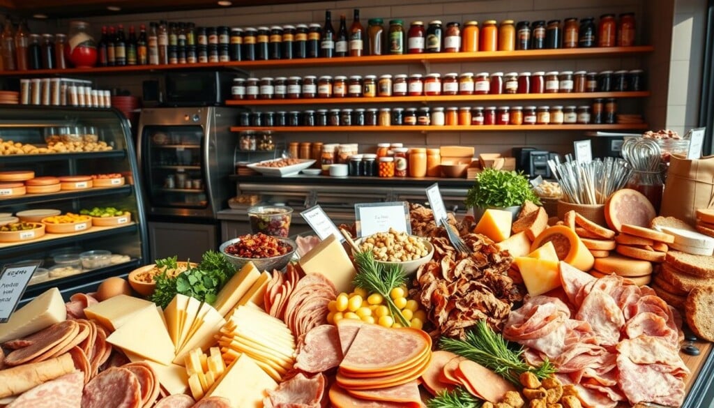 A bustling deli counter with an array of mouthwatering local specialties. In the foreground, freshly sliced meats and cheeses are artfully arranged, their colors and textures inviting the viewer to imagine their flavors. The middle ground features glass display cases showcasing an assortment of housemade salads, pickles, and other delicacies, while the background is dominated by a wall of shelves stocked with jars of preserves, sauces, and other pantry staples. The lighting is warm and natural, casting a cozy, welcoming atmosphere throughout the scene. The camera angle is slightly elevated, allowing the viewer to appreciate the diverse selection of deli offerings in all their glory.