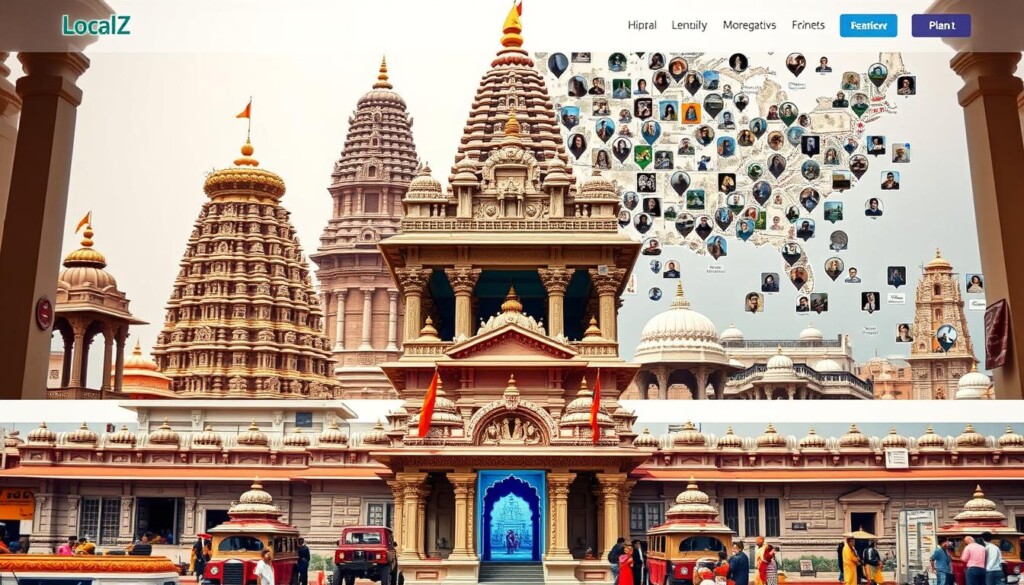 A bustling digital platform, LocalZ, showcases the grandeur of Hindu temples across the United States. In the foreground, a sleek, user-friendly interface invites visitors to explore meticulously documented temples, each captured with crisp, high-resolution photography. The middle ground features vibrant imagery of ornate architectural details, intricate carvings, and vibrant colors that evoke the rich cultural heritage of these sacred spaces. In the background, a mosaic of temple locations across the country, pinpointed on a modern, interactive map, underscores the platform's comprehensive scope. The overall scene is illuminated by warm, natural lighting, creating a welcoming and immersive atmosphere for Hindu temple enthusiasts to discover, plan, and connect with these magnificent spiritual sanctuaries.