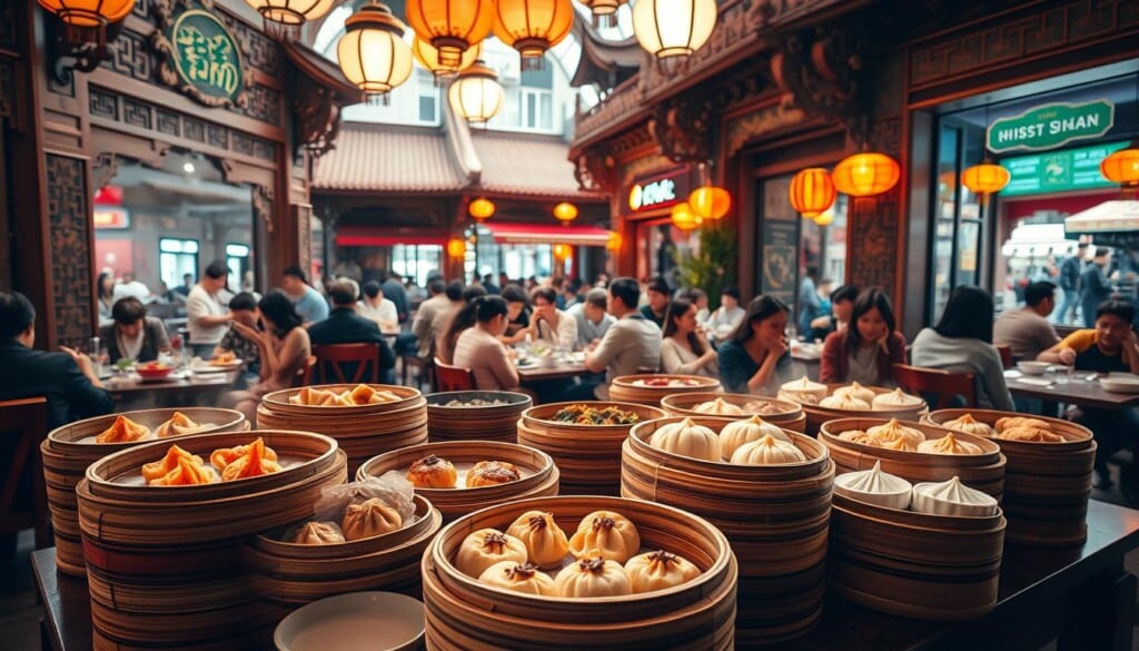 A bustling dim sum restaurant in a vibrant Chinatown setting. The foreground features a table laden with an array of steaming bamboo baskets, brimming with delectable dim sum delicacies - plump shrimp dumplings, savory pork buns, and delicate egg tarts. The middle ground showcases the restaurant's vibrant atmosphere, with patrons gathered around tables, engaged in lively conversation. In the background, the scene is framed by ornate Chinese architecture, intricate lanterns, and a glimpse of a bustling street outside. The lighting is warm and inviting, creating a cozy, authentic ambiance. The composition captures the essence of the modern dim sum trend, blending traditional flavors with a contemporary dining experience.