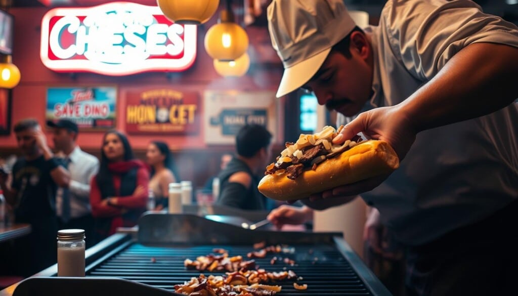 A bustling diner interior, dimly lit with warm amber tones, showcases the artful assembly of the perfect cheesesteak. In the foreground, a skilled chef meticulously layers thinly sliced steak, melted cheese, and sautéed onions on a freshly baked, soft and pillowy hoagie roll. The middle ground captures the anticipation of hungry patrons, their eyes fixed on the sizzling griddle as the aroma of the sandwich fills the air. In the background, a vintage neon sign casts a comforting glow, hinting at the decades-old tradition of this beloved local eatery. The image conveys the essence of choosing the best cheesesteak - a harmonious blend of technique, craftsmanship, and the pure satisfaction of an authentic, mouthwatering bite.