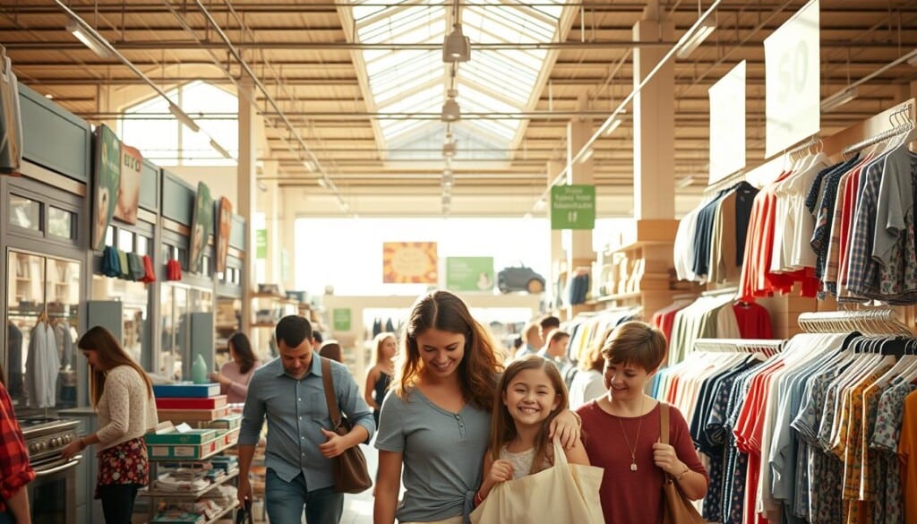 A bustling discount store, its aisles teeming with shoppers seeking savings. In the foreground, a smiling family examines a selection of eco-friendly products - energy-efficient appliances, reusable shopping bags, and sustainably sourced home goods. Sunlight streams through large windows, illuminating the spacious interior and casting a warm, welcoming glow. In the background, displays showcase discounted yet high-quality clothing and accessories, all produced using sustainable manufacturing processes. The atmosphere is one of thrift and environmental consciousness, where savvy consumers can indulge their wallets while reducing their carbon footprint.