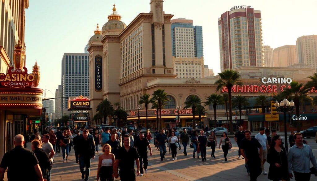 A bustling downtown cityscape, with the towering silhouettes of casinos casting long shadows across the streets. In the foreground, pedestrians hurry past neon-lit marquees and ornate architectural facades, a visual representation of the economic impact casinos have on local communities. The middle ground showcases bustling sidewalks, with visitors entering and exiting the casino's revolving doors, while the background reveals a skyline dotted with high-rise hotels and residential buildings, a testament to the casinos' ripple effect on the surrounding urban landscape. Warm lighting and a sense of energy permeate the scene, capturing the dynamic interplay between the casinos and the local economy.