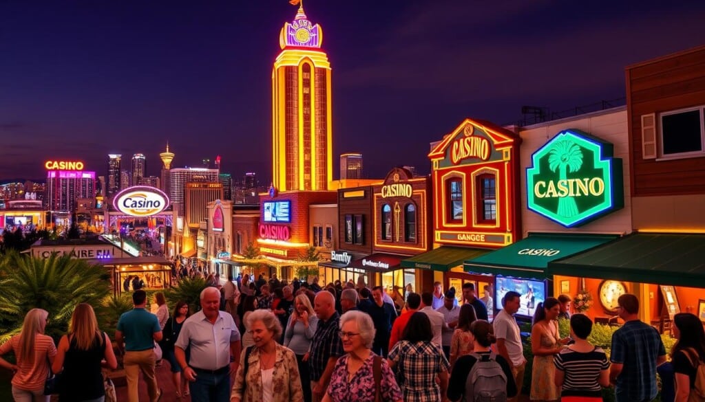 A bustling downtown landscape, with a towering, neon-lit casino as the focal point. In the foreground, a diverse group of people - families, seniors, and young adults - engaged in various community activities, such as a charity drive, a local art exhibition, or a community garden. The middle ground features local small businesses and restaurants, thriving thanks to the influx of casino visitors. In the background, a scenic view of the city skyline, with the casino's architectural features blending seamlessly with the surrounding buildings. The scene is bathed in warm, inviting lighting, conveying a sense of vibrant community spirit and mutual prosperity.