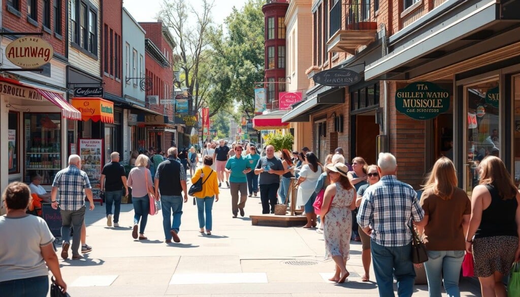 A bustling downtown street, lined with vibrant local businesses, their storefronts adorned with cheerful displays and inviting signage. In the foreground, a group of community members gathered around a small stage, engaged in a lively discussion. The scene is bathed in warm, natural light, captured through a wide-angle lens that emphasizes the collaborative, neighborhood atmosphere. Shoppers stroll casually, pausing to browse artisanal wares and sample local fare. A sense of connection, pride, and shared purpose pervades the air, as the community comes together to support its homegrown enterprises and foster a thriving, inclusive environment.