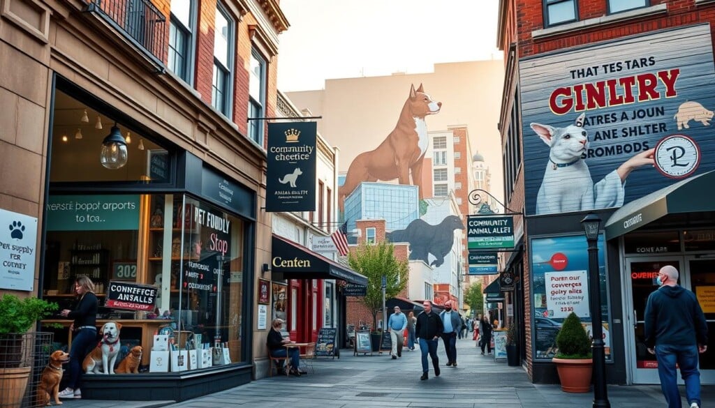 A bustling downtown street, with local storefronts and businesses proudly displaying signage supporting animal welfare organizations. In the foreground, a cozy pet supply shop features adorable rescue animals available for adoption, its large storefront window inviting passersby to stop and interact. The middle ground showcases a vibrant local cafe, its menu highlighting a portion of sales going towards a nearby animal shelter. In the background, a community mural celebrates the partnership between local enterprises and animal welfare, captured in a warm, golden afternoon light. The scene conveys a sense of civic pride and a shared commitment to caring for the wellbeing of animals within the community.