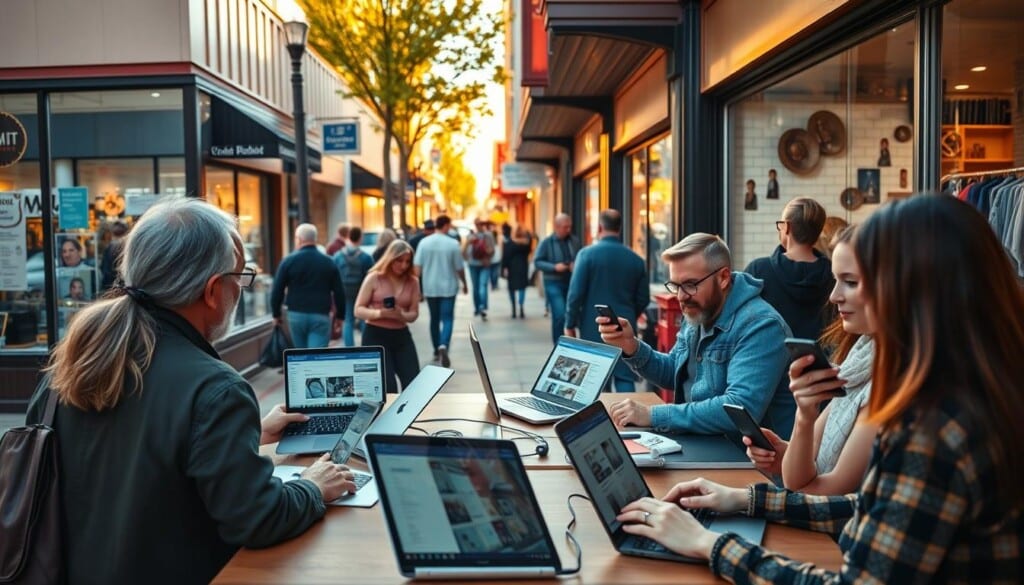 A bustling downtown street with vibrant local storefronts showcasing their digital platforms. In the foreground, a group of small business owners excitedly demonstrating their e-commerce sites and social media pages on their laptops. Further back, passersby browse store windows, their smartphones in hand, accessing online reviews and special offers. The scene is bathed in warm, golden light, reflecting the sense of community and digital empowerment among the local merchants. High-angle, wide-angle lens captures the energy and interconnectedness of the digital and physical realms of this thriving small-town business district.