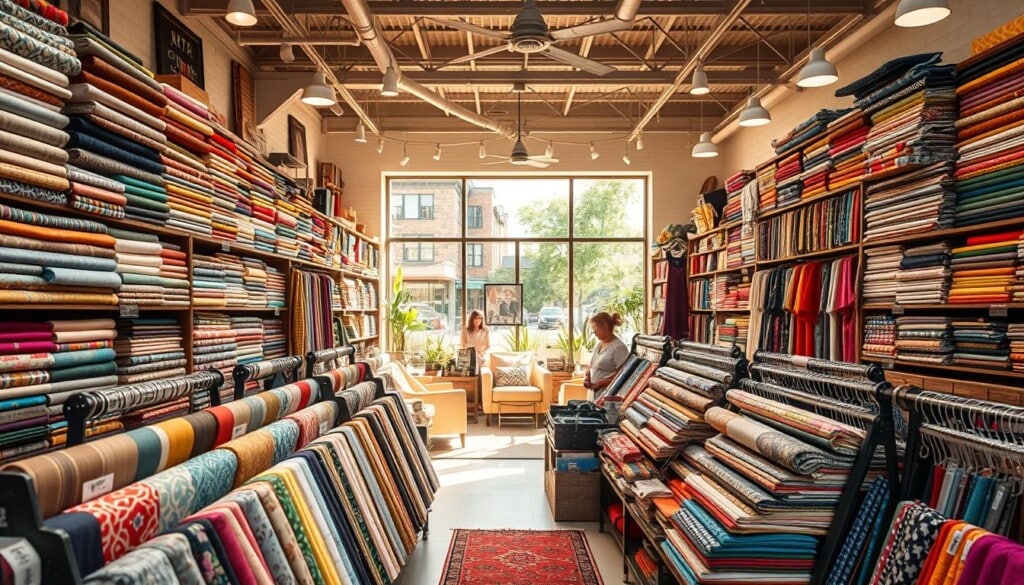 A bustling fabric store, LocalZ, showcases its vast selection of textiles. In the foreground, bolts of vibrant fabrics line the shelves, tempting the discerning eye. The middle ground features a cozy lounge area, where customers can envision their future creations. Warm, natural lighting filters through large windows, casting a welcoming glow. The background reveals an intricate network of digital listings, connecting local shoppers to the store's diverse inventory. An atmosphere of creativity and craftsmanship permeates the space, inviting visitors to explore the endless possibilities of personalized textile design.