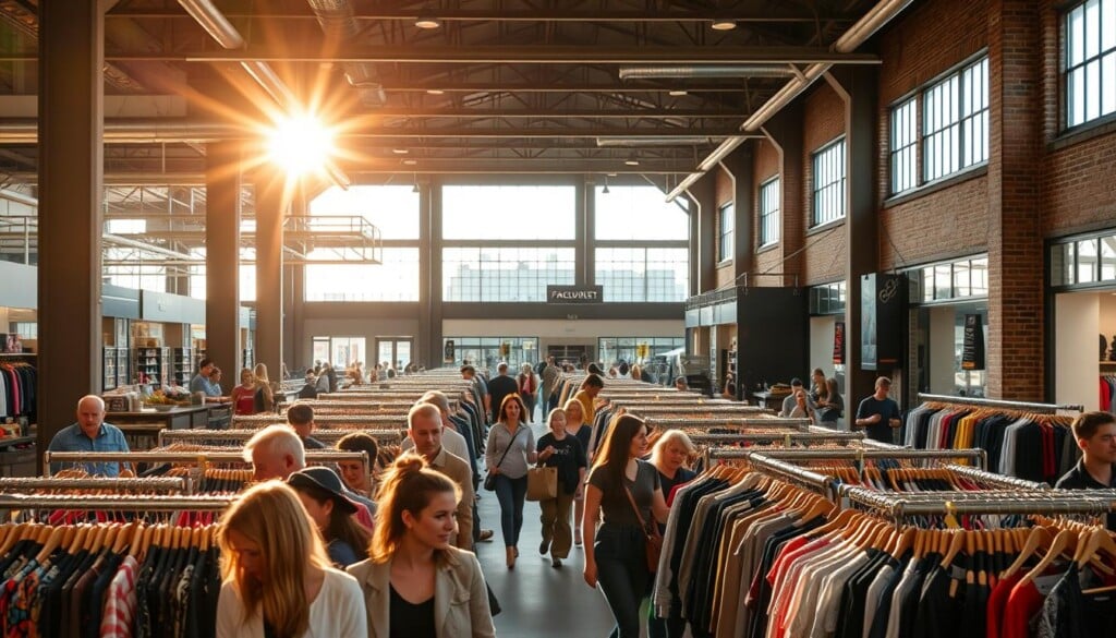 A bustling factory outlet, bathed in warm afternoon light streaming through large windows. In the foreground, shoppers browse through racks of discounted designer apparel, their faces alight with excitement as they uncover hidden gems. In the middle ground, a well-organized layout guides visitors through the various departments, with clear signage and helpful staff assisting them. The background reveals the industrial heritage of the building, with exposed beams and brickwork that add character to the space. The overall atmosphere is one of discovery and opportunity, as shoppers navigate the treasure trove of savings and unique finds.