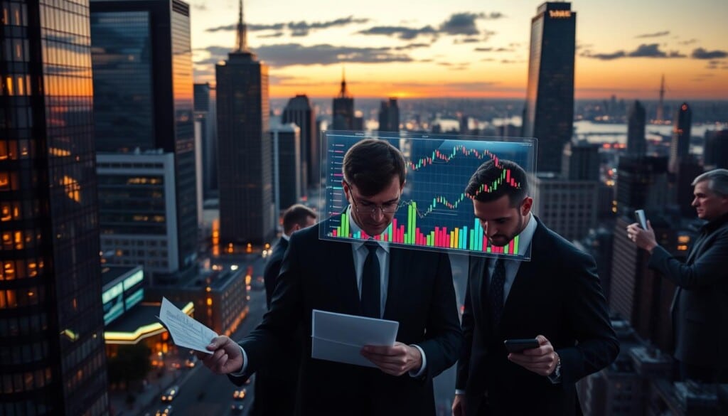 A bustling financial district at dusk, skyscrapers and office towers casting long shadows across the city streets. In the foreground, a trio of well-dressed investors poring over financial reports, their expressions focused and determined. The middle ground features a holographic display projecting colorful charts and graphs, illustrating the ebb and flow of investment trends. The background is a panoramic view of the skyline, the buildings aglow with the warm hues of the setting sun, symbolizing the ever-changing nature of the market. Soft, diffused lighting casts a contemplative mood, as the scene conveys the dynamic, yet thoughtful nature of modern investment strategies.