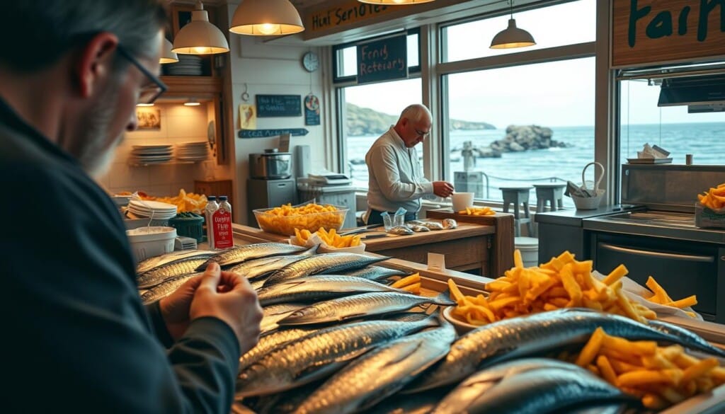 A bustling fish and chips store in a quaint seaside town, captured in a warm, inviting light. In the foreground, a customer examines a selection of freshly caught fish, their glistening scales and vibrant colors showcased under the soft glow of the store's interior lighting. The middle ground features the store's classic wooden counter, where a skilled fishmonger wraps portions of golden, crispy chips. In the background, glimpses of the bustling kitchen and the picturesque ocean view beyond the storefront windows create a sense of place and atmosphere. The overall scene conveys the care, tradition, and attention to detail that goes into choosing the perfect fish and chips experience.