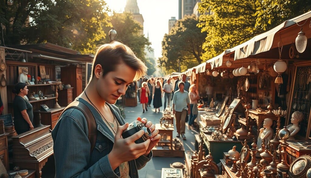 A bustling flea market scene bathed in warm, golden sunlight. In the foreground, a shopper intently examines a vintage camera, their face alight with excitement. Surrounding them, a vibrant tapestry of stalls showcasing an eclectic array of treasures - antique furniture, glistening jewelry, and whimsical knickknacks. The middle ground is alive with the energy of bargaining and discovery, as vendors enthusiastically present their wares. In the background, towering buildings and lush trees frame the scene, creating a sense of urban exploration. The overall atmosphere is one of curiosity, adventure, and the thrill of finding the unexpected.