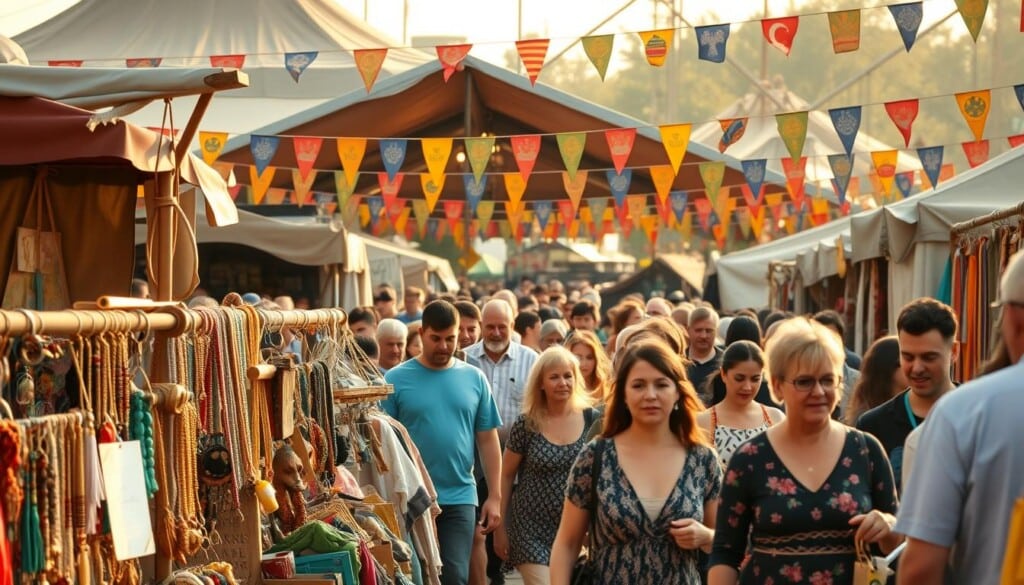 A bustling flea market scene, captured with a wide-angle lens to showcase the vibrant atmosphere. In the foreground, local vendors display their unique wares - handcrafted jewelry, vintage clothing, and artisanal goods. The middle ground features a diverse crowd of shoppers, their faces animated with excitement as they browse the stalls. In the background, a mix of weathered tents and colorful banners create a visually striking backdrop, illuminated by warm, natural lighting that casts a golden glow over the entire scene. The overall mood is one of discovery, as visitors uncover unexpected treasures amidst the lively energy of the flea market.