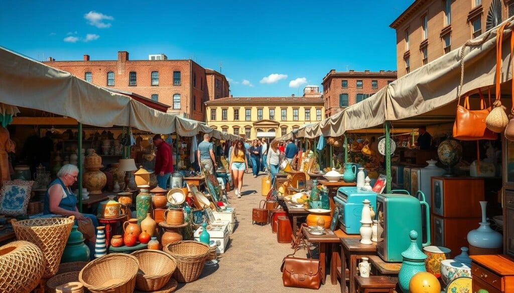 A bustling flea market under a warm, golden afternoon sun. Rows of vendor stalls brimming with an eclectic mix of vintage treasures, antique furniture, retro appliances, and unique handcrafted goods. Shoppers stroll between the aisles, examining the wares with keen eyes, hunting for that one-of-a-kind find. In the foreground, a colorful array of woven baskets, intricate glassware, and weathered leather bags catch the light. In the middle ground, a collection of carefully curated mid-century modern decor and rustic farmhouse pieces beckon. The background frames the scene with a backdrop of historic buildings, their facades bearing the patina of time. An atmosphere of discovery, adventure, and timeless charm permeates the vibrant marketplace.