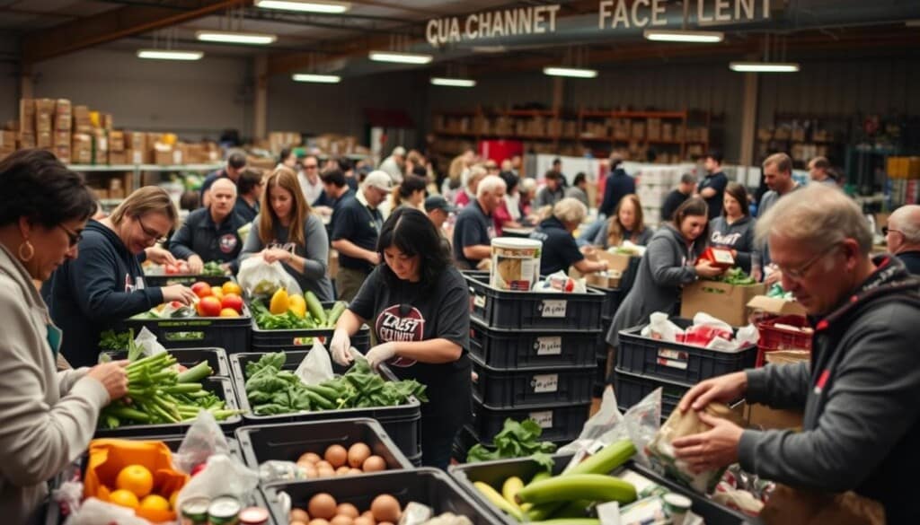 A bustling food bank, with volunteers sorting through crates of fresh produce and non-perishable goods. Warm lighting illuminates the scene, creating a sense of purpose and community. In the foreground, a group of dedicated individuals carefully inspect and pack items, their expressions focused and compassionate. In the middle ground, more volunteers stack boxes, distribute food to those in need, and guide the flow of activity. The background reveals the scale of the operation, with rows of shelves and a steady stream of people coming and going. An atmosphere of camaraderie and determination permeates the space, as the volunteers work together to alleviate hunger and support their local community.