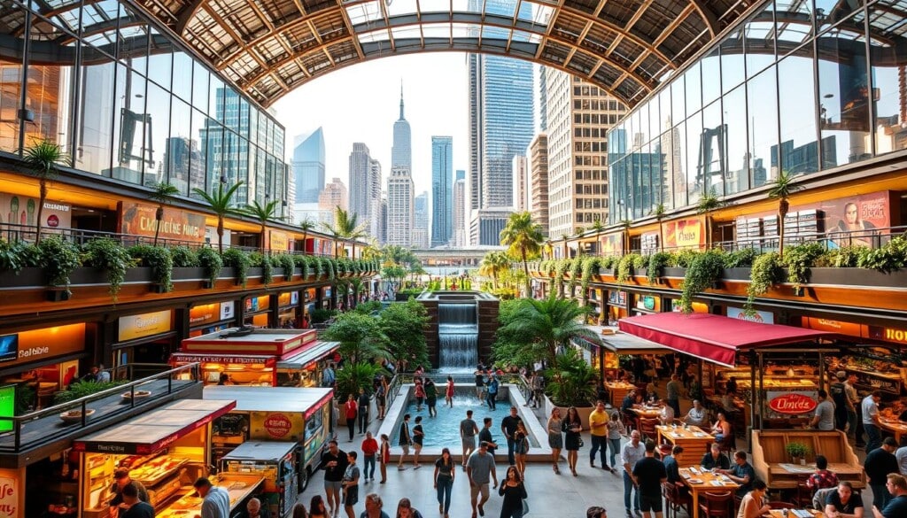 A bustling food court in a major metropolitan city, filled with tantalizing aromas and lively crowds. In the foreground, a vibrant display of diverse culinary options - gourmet food trucks, artisanal stalls, and international eateries. Diners navigate the spacious seating area, bathed in warm, natural lighting that filters through the glass atrium above. In the middle ground, a cascading waterfall feature and lush greenery create a serene ambiance, contrasting with the energetic atmosphere. The background showcases the towering skyscrapers and iconic landmarks of the city skyline, hinting at the dynamic urban landscape. The scene captures the essence of a thriving, cosmopolitan food court, where culinary delights from around the world converge.