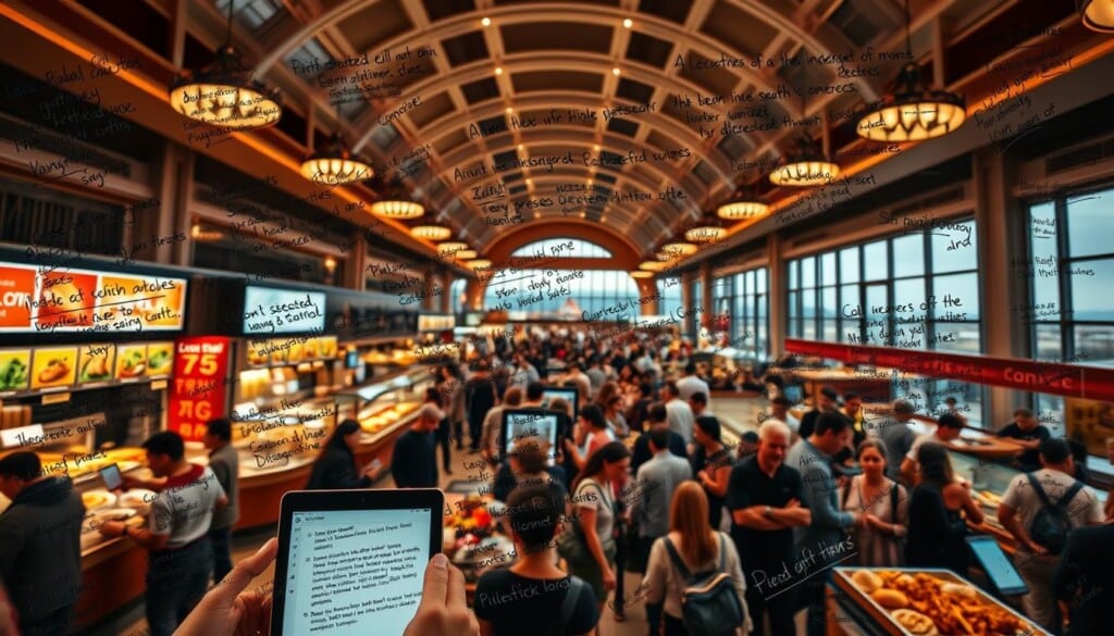 A bustling food court scene, captured with a wide-angle lens and cinematic lighting. In the foreground, a collage of handwritten reviews scrawled on tablets and smartphone screens, conveying the diverse perspectives of satisfied and dissatisfied customers. The middle ground features a variety of enticing dishes and bustling shoppers, while the background showcases the architectural grandeur of the food court, with high ceilings, gleaming tiles, and a panoramic view of the surrounding environment. The overall mood is one of vibrant energy, where the quality of the culinary offerings and the opinions of the patrons take center stage.