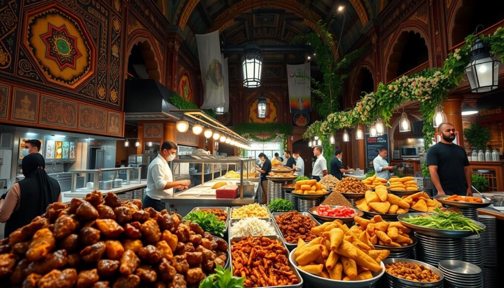 A bustling food court showcasing the diverse flavors of Halal cuisine across the United States. In the foreground, a dynamic display of regional specialties - tender kebabs, fragrant curries, and flaky pastries. The middle ground features chefs at work, skillfully preparing authentic dishes from coast to coast. In the background, a mosaic of cultural influences - ornate architectural details, vibrant textiles, and lush greenery, creating a warm, welcoming ambiance. Soft, diffused lighting illuminates the scene, capturing the mouthwatering aromas and the conviviality of shared meals. Shot with a wide-angle lens to convey the breadth and richness of Halal culinary traditions in America.