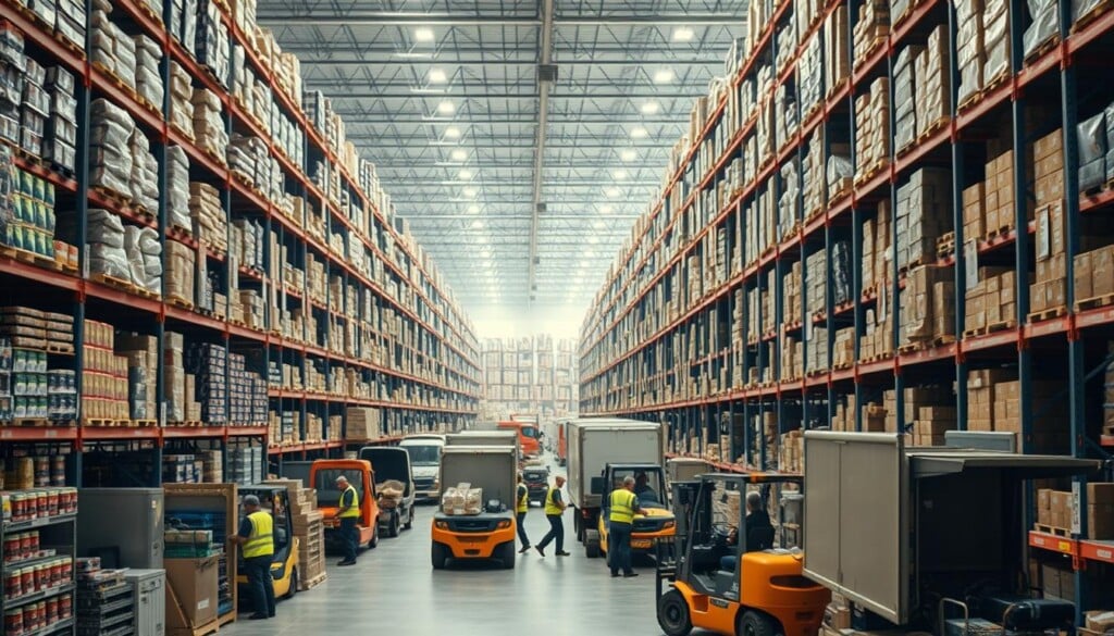 A bustling food distribution warehouse, filled with towering shelves stocked with various packaged goods. In the foreground, workers efficiently load and unload delivery trucks, their movements captured in a crisp, high-resolution shot with a wide-angle lens. The mid-ground showcases an organized system of conveyor belts and forklifts, while the background reveals the vast scale of the operation, with rows of racking extending into the distance, bathed in warm, diffused lighting. The overall atmosphere conveys the precision and pace of a well-oiled distribution network, essential to the seamless delivery of food products across the United States.