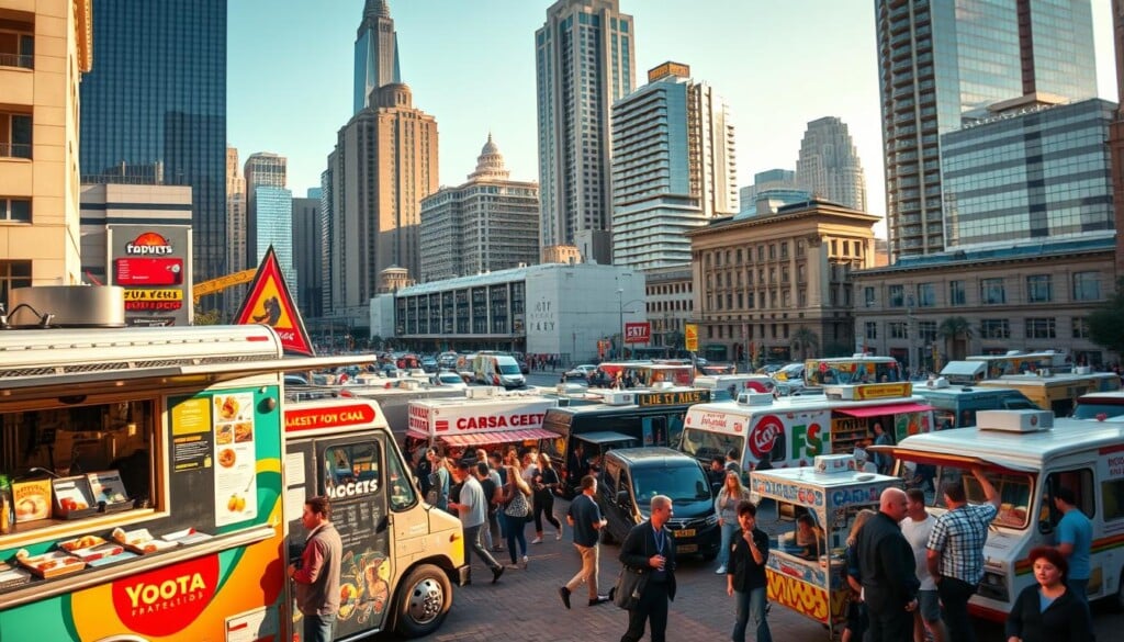 A bustling food truck gathering on a vibrant city street, with a diverse array of culinary offerings. In the foreground, a sleek, modern food truck with bold graphics and an open serving window, its aromas wafting through the air. In the middle ground, a variety of other food trucks, each with its own unique design and cuisine, creating a lively, colorful scene. In the background, a blend of modern high-rises and historic buildings, bathed in warm, golden sunlight, setting the stage for this dynamic food truck experience. The overall atmosphere exudes a sense of excitement, creativity, and the growing popularity of this dynamic food culture.